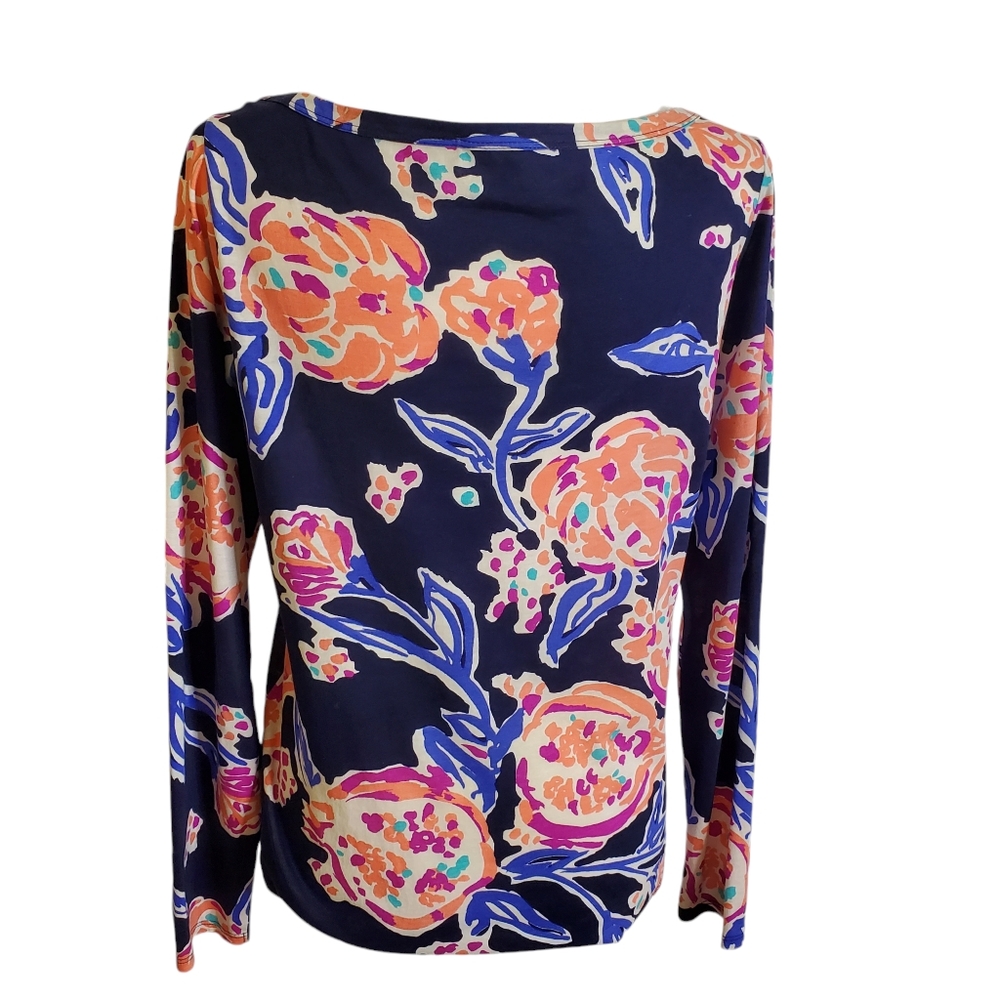 Lilly Pulitzer Talia Top Women Medium Navy Floral Resortwear Beach Comfy Coastal - Picture 2 of 15